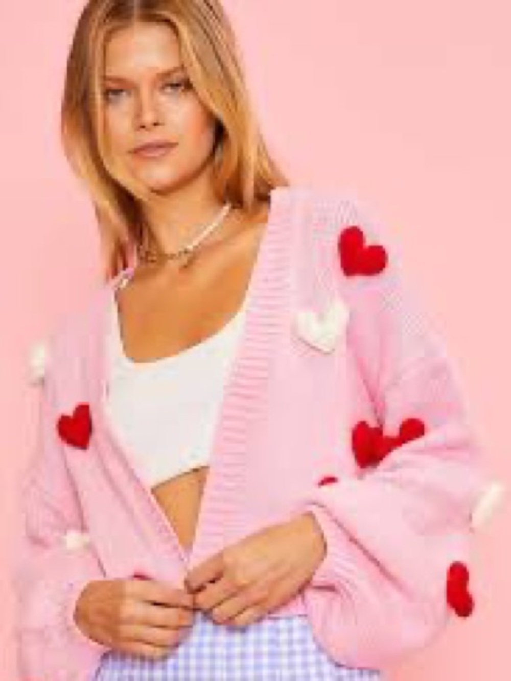 Main Strip Pink Cardigan with Red & Cream Heart Appliqués